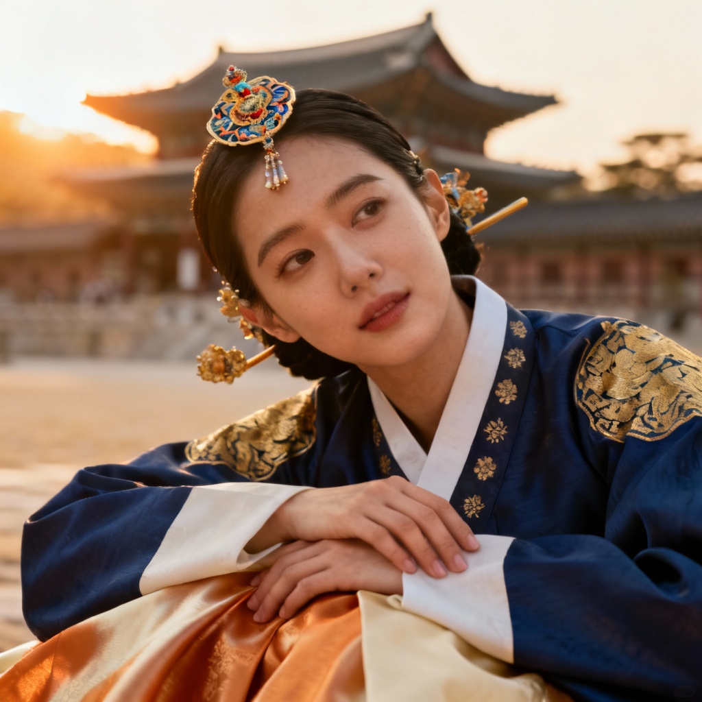 AI royal-inspired hanbok profile at golden hour