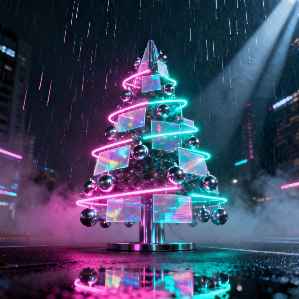 Neon cyberpunk Christmas tree with holographic lights