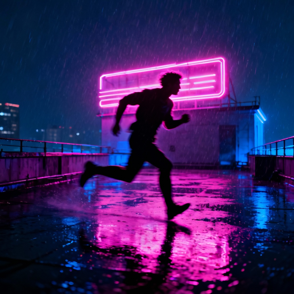 AI neon noir rooftop chase scene with tension