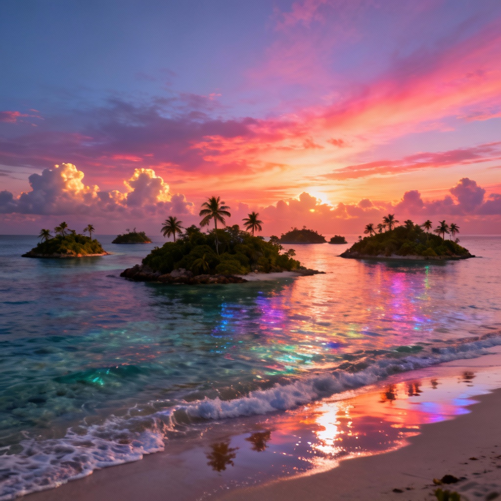AI neon sunset island archipelago paradise