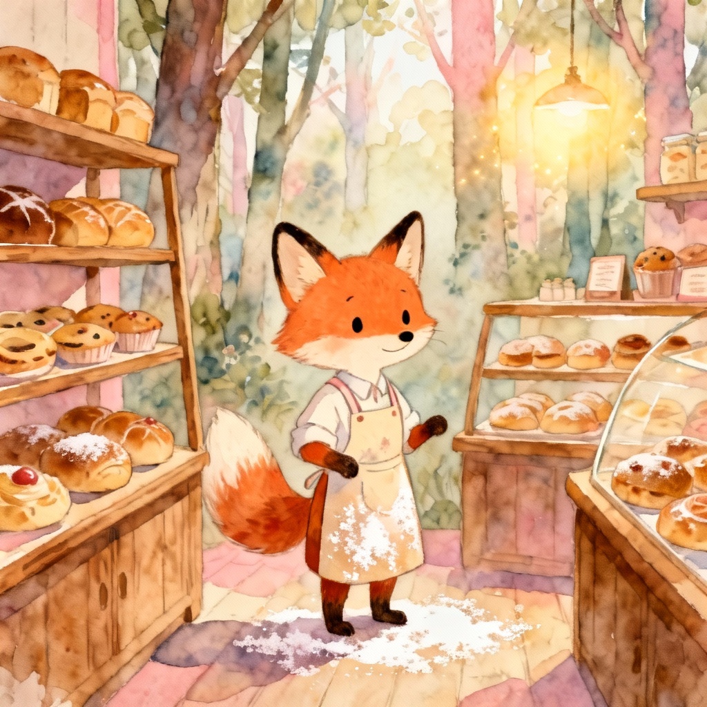 Whimsical watercolor fox baker in pastel forest