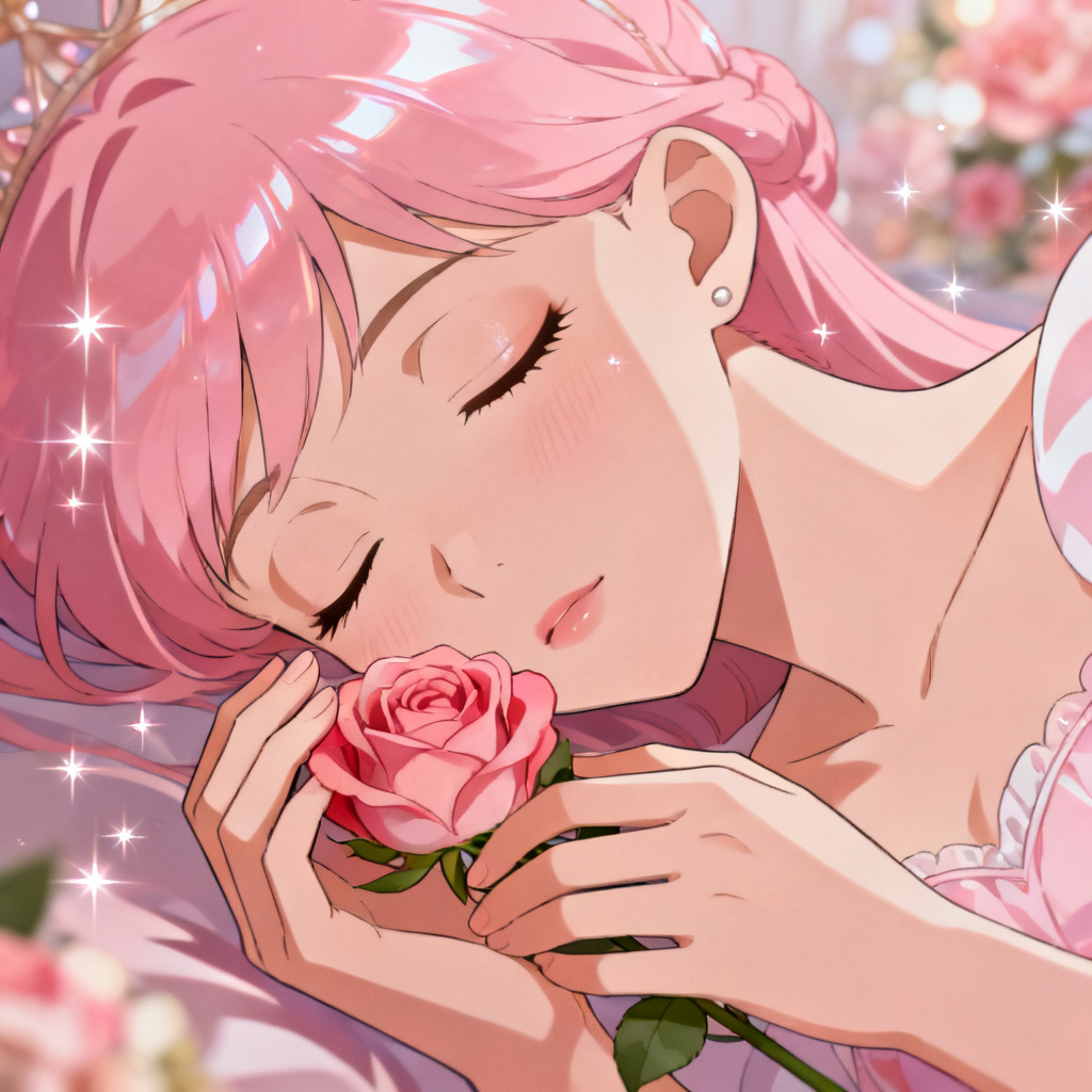 AI anime sleeping beauty closeup with rose