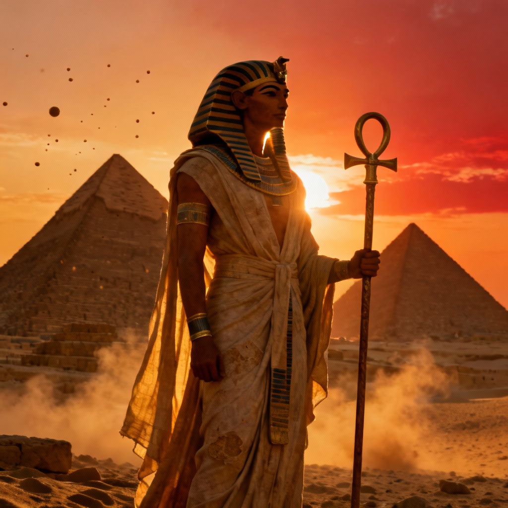 AI pharaoh standing before pyramids at sunset