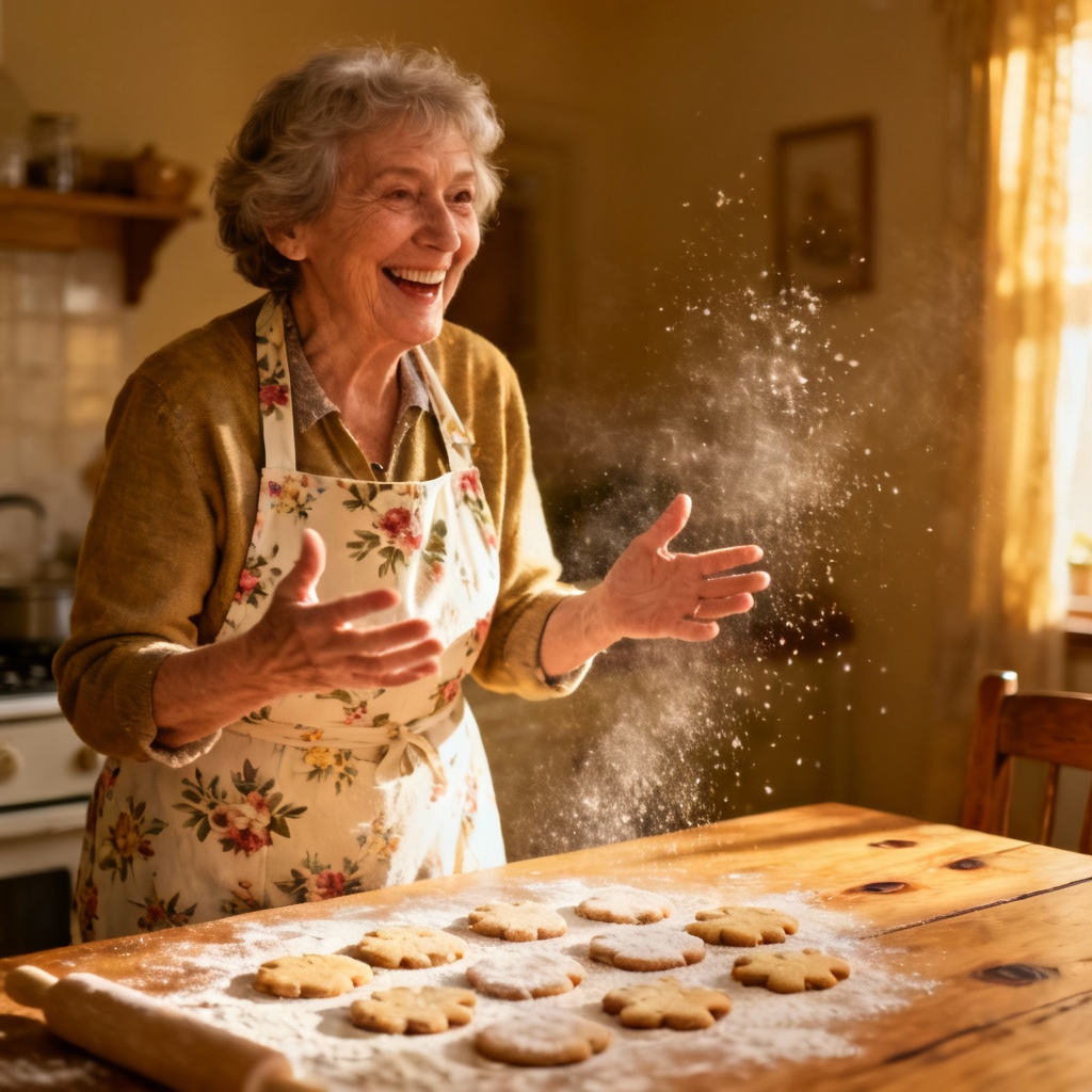 Grandmother baking cookies in a warm kitchen scene