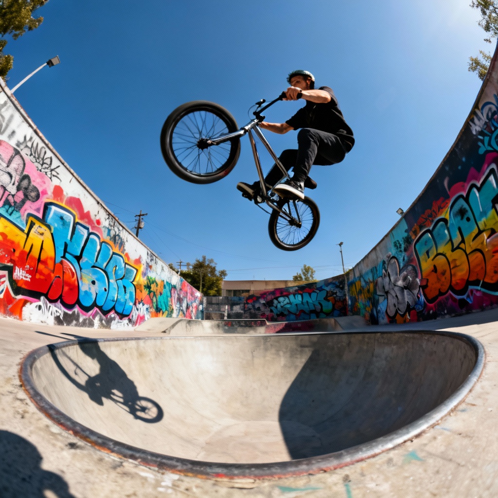 AI BMX tailwhip trick over a skatepark ramp