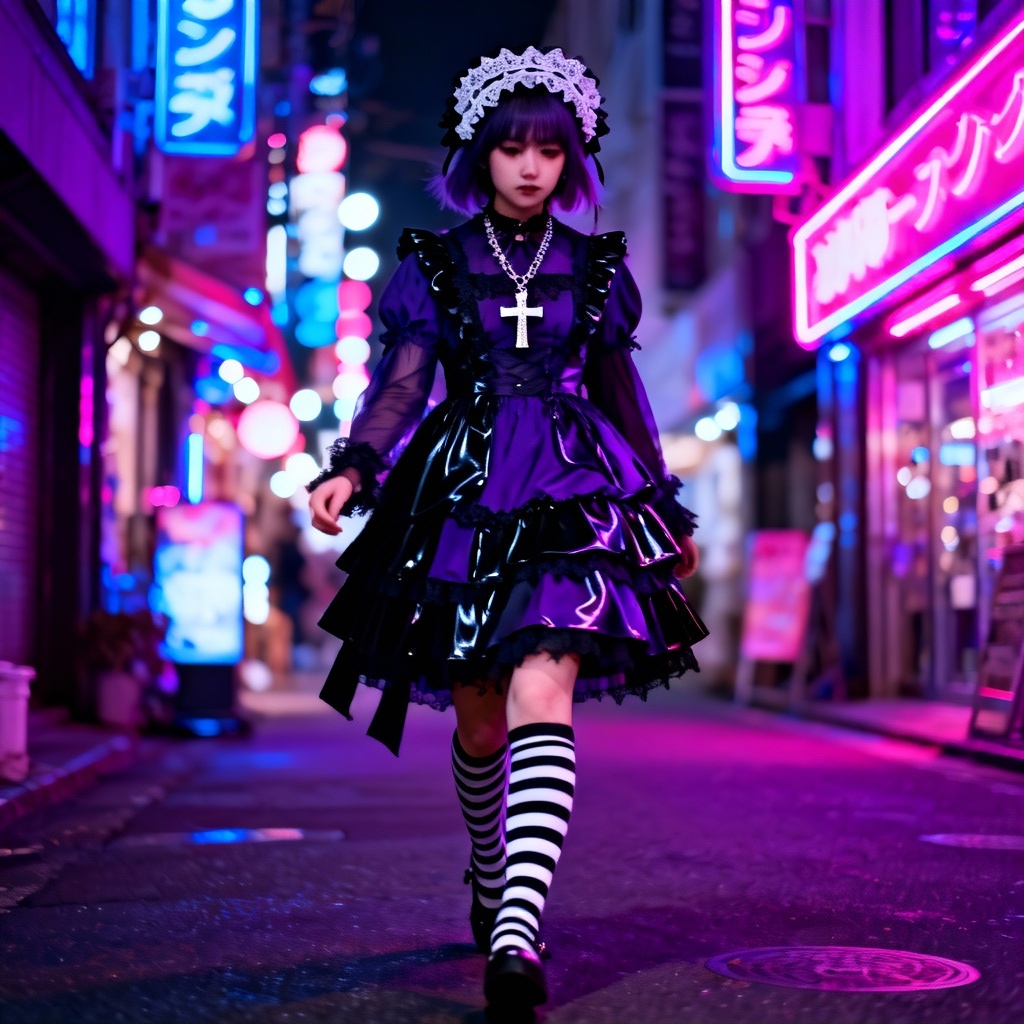AI Harajuku street gothic lolita style at night