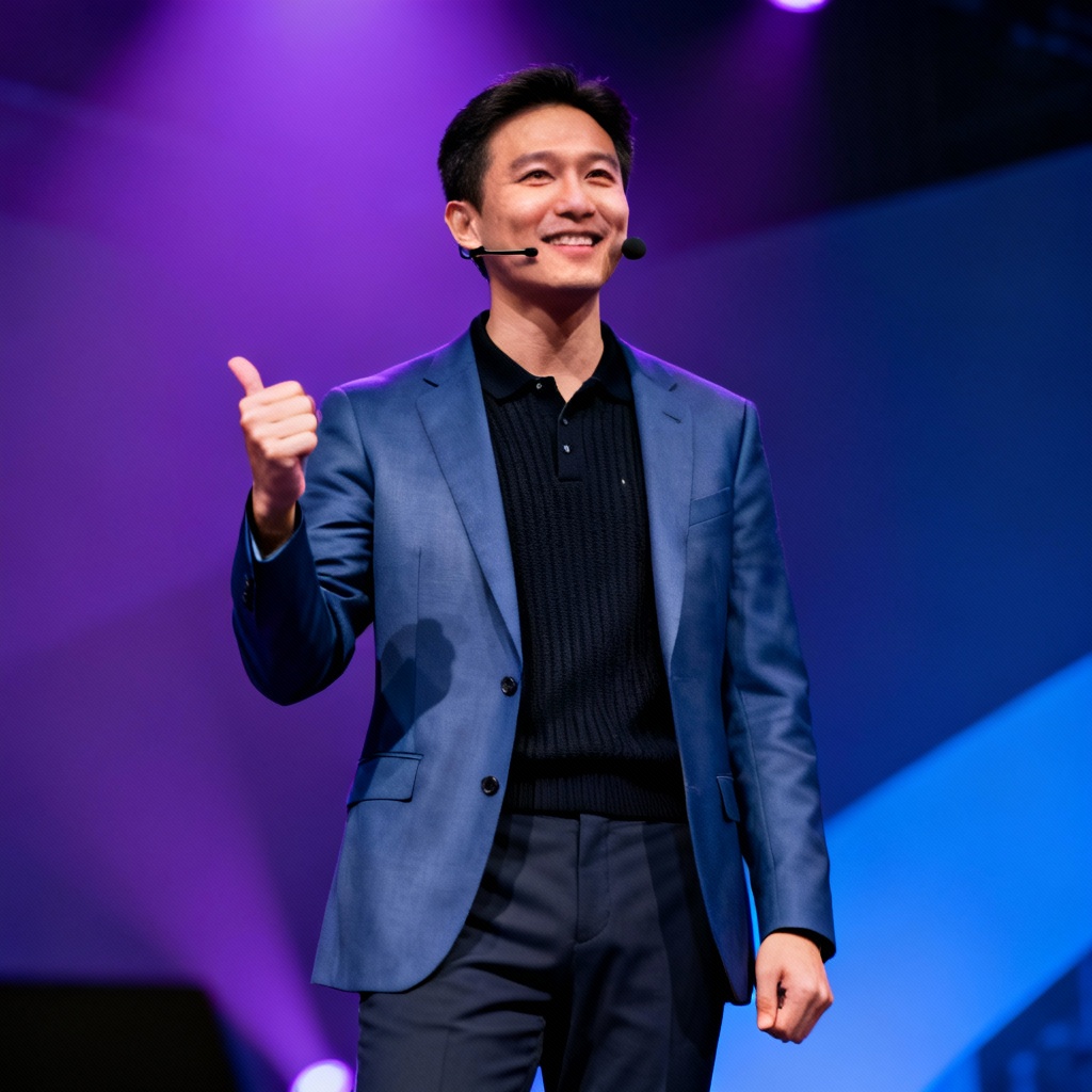 AI tech conference speaker styling with stage lighting