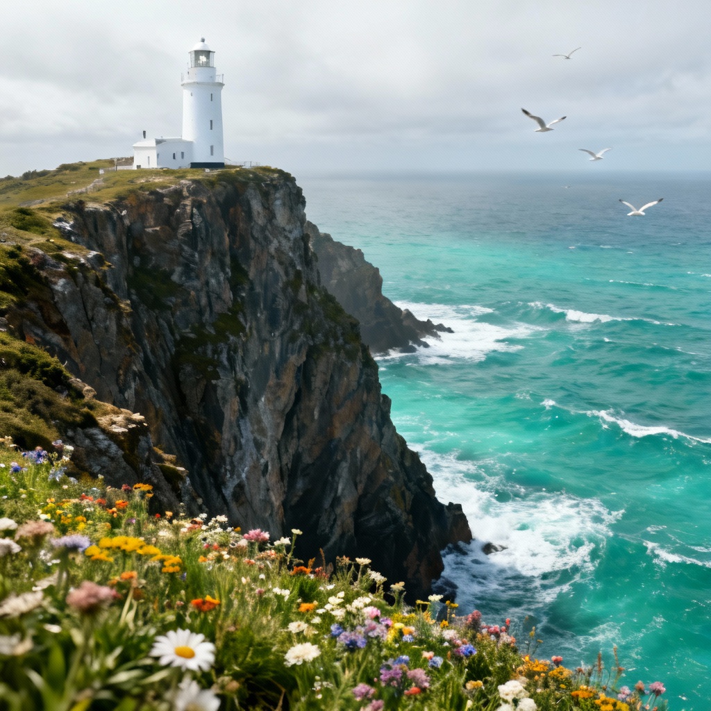 AI coastal cliffs with lighthouse and turquoise sea