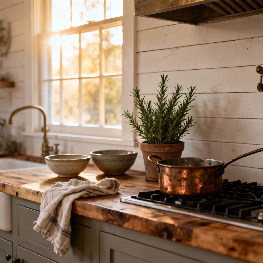AI farmhouse kitchen with shiplap and copper pots