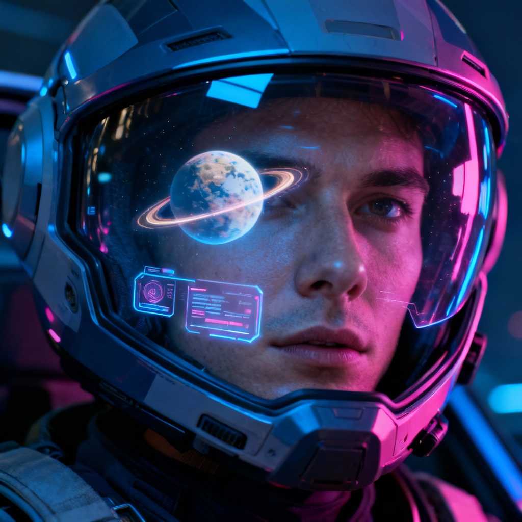 AI sci fi portrait of an orbital pilot with holograms