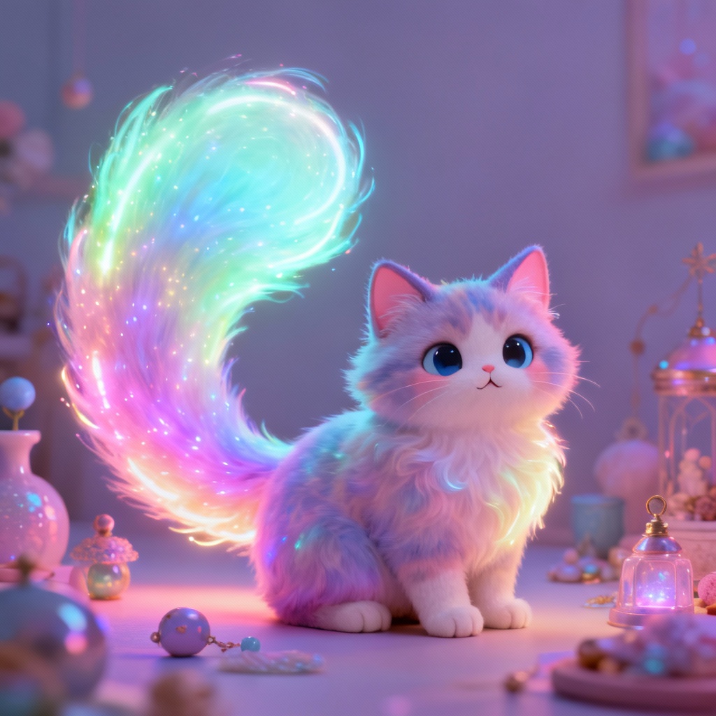 Adorable fantasy cat with a large glowing luminous tail