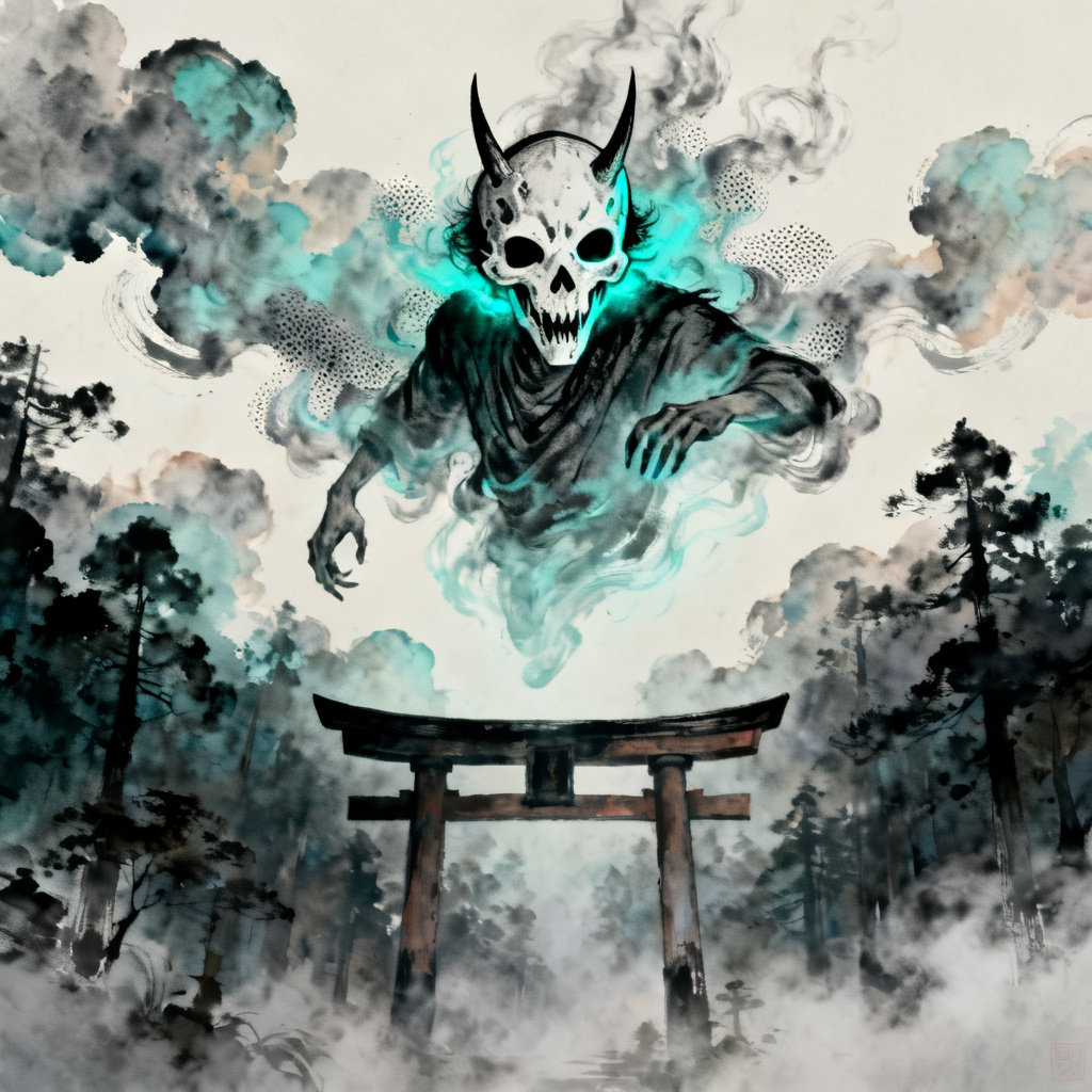 AI JJK OC masked cursed spirit floating over a torii gate