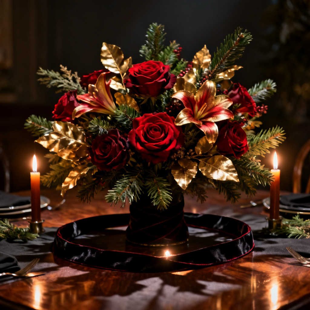 AI holiday red and gold bouquet centerpiece for dining table