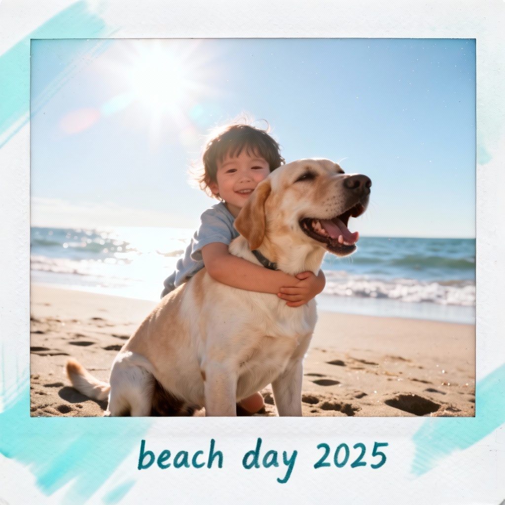 Polaroid of a child hugging a labrador at the beach