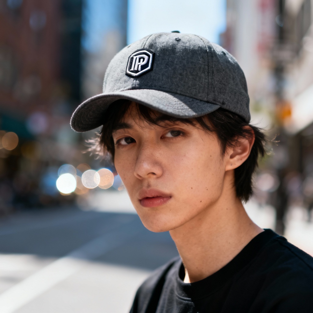 AI lifestyle photo of model wearing custom snapback