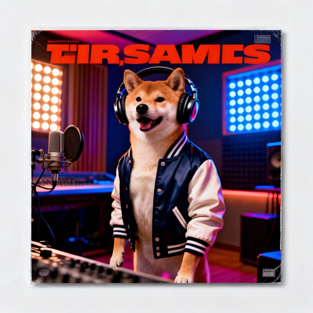AI gangster Shiba Inu with headphones in studio