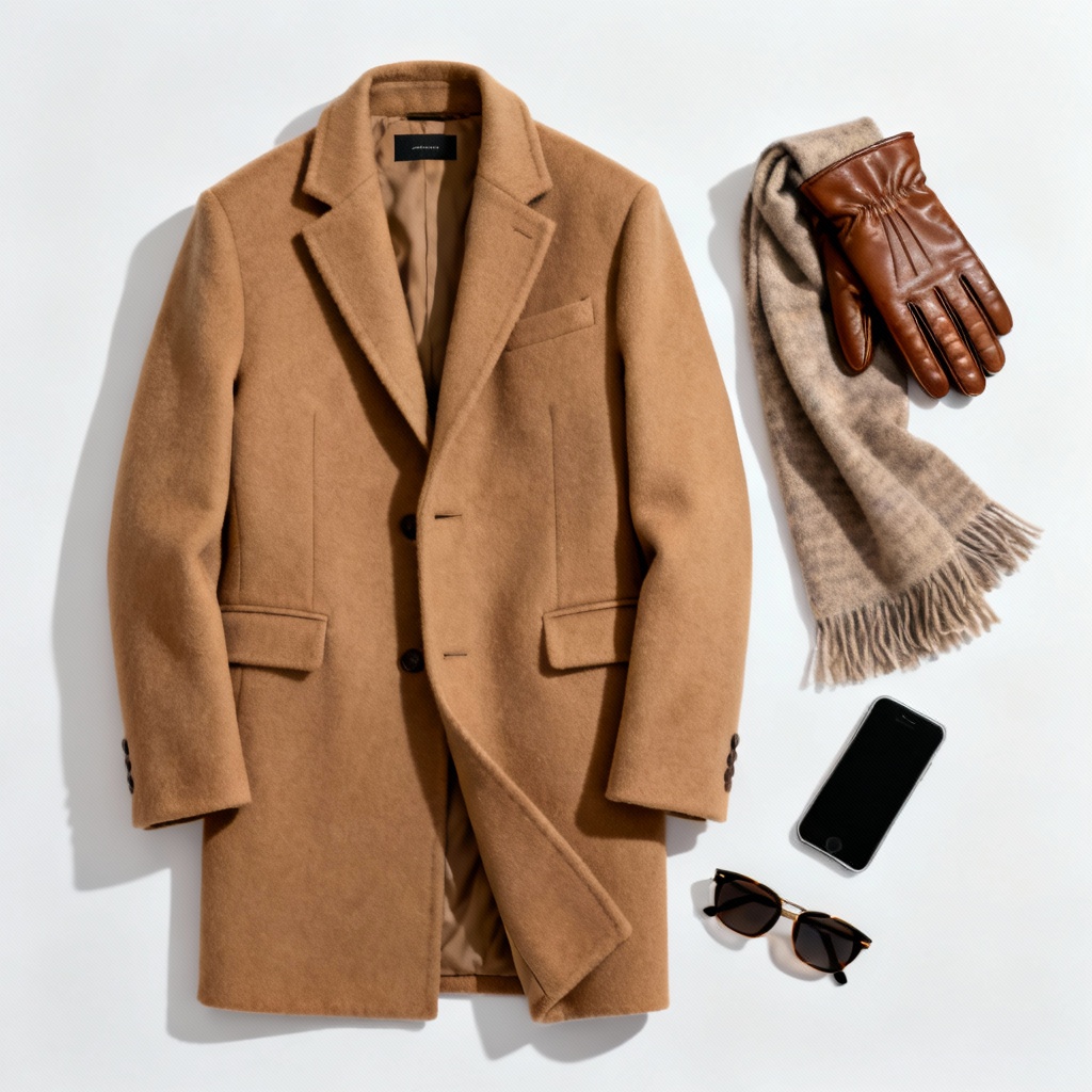 AI ecommerce flat lay of tan wool coat and accessories
