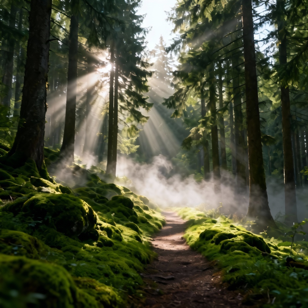 AI tranquil forest path with sunbeams