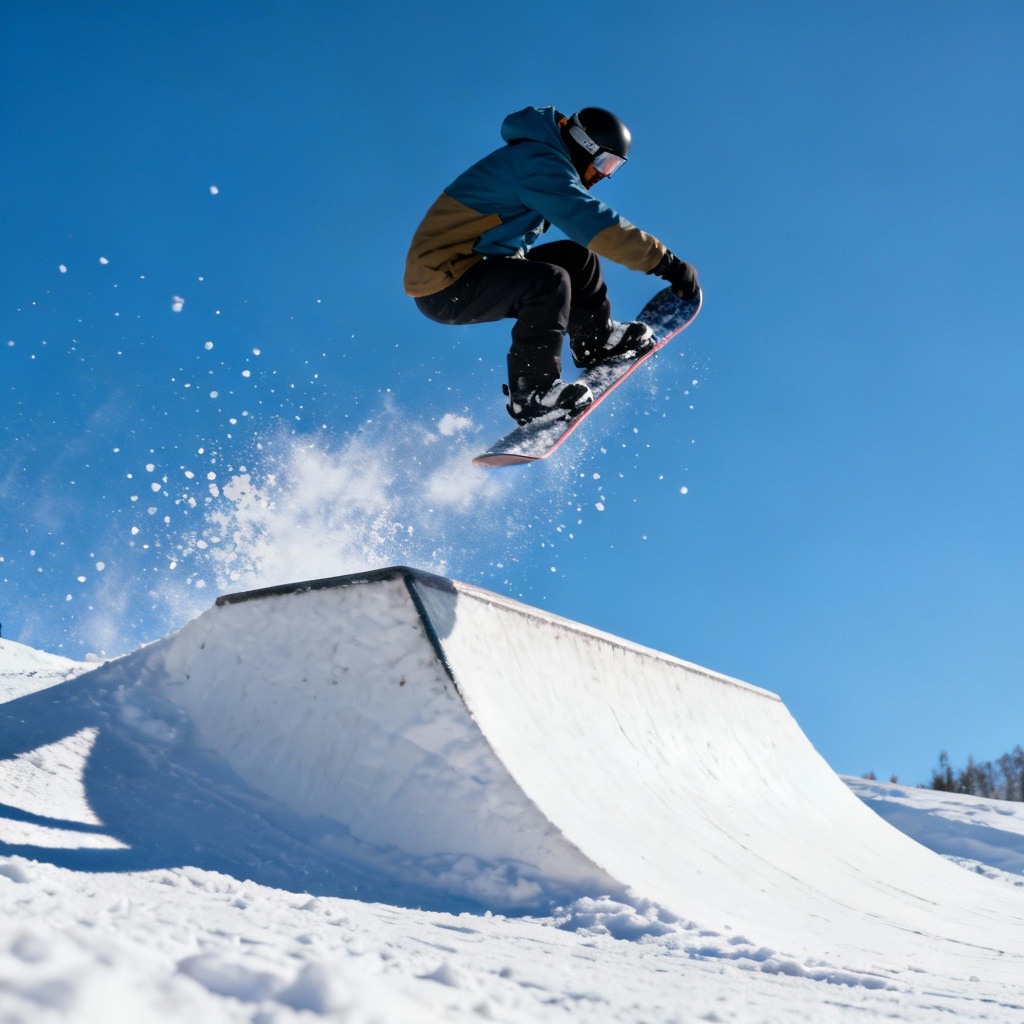 AI snowboarding generator image of a backside 360 over a park jump