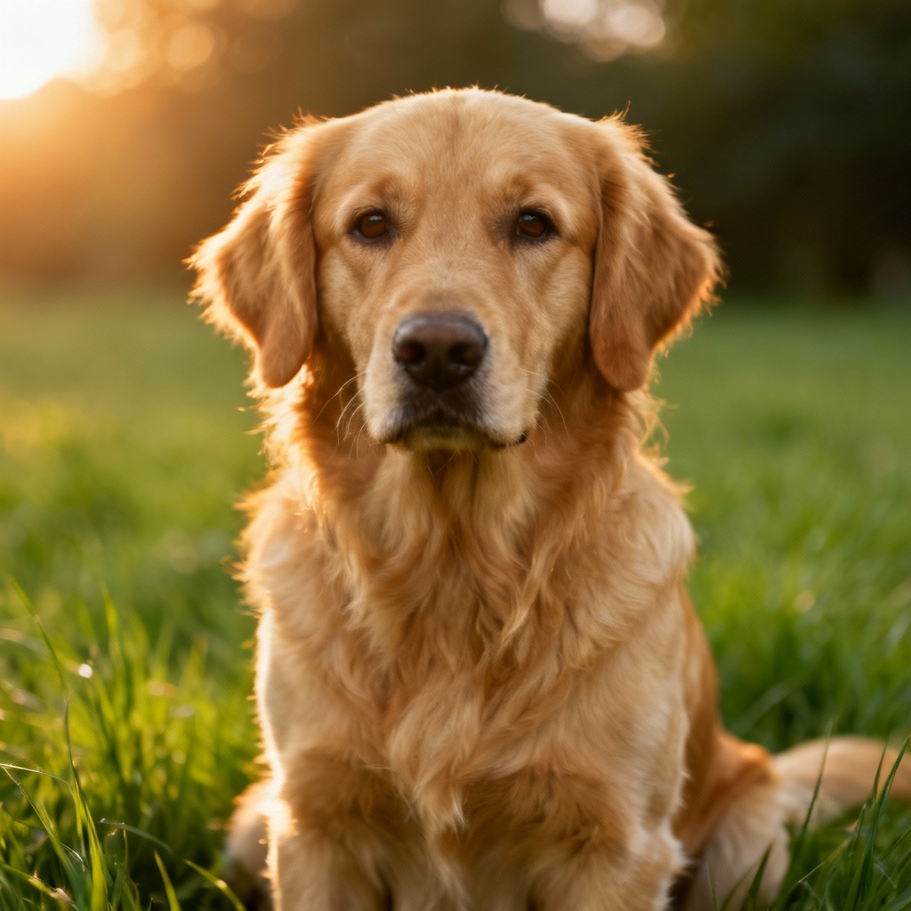 Photorealistic golden retriever sitting in a sunny park