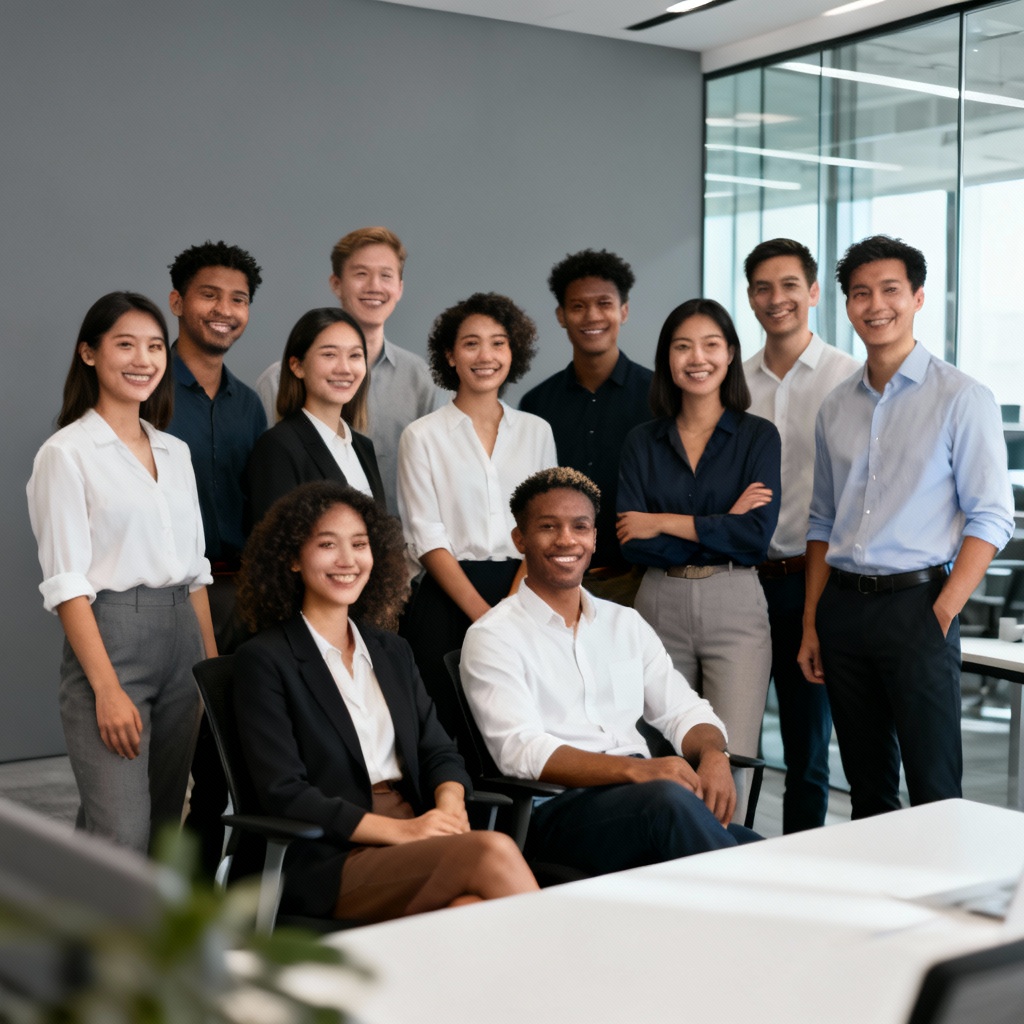 AI group shot of diverse office team in modern workspace