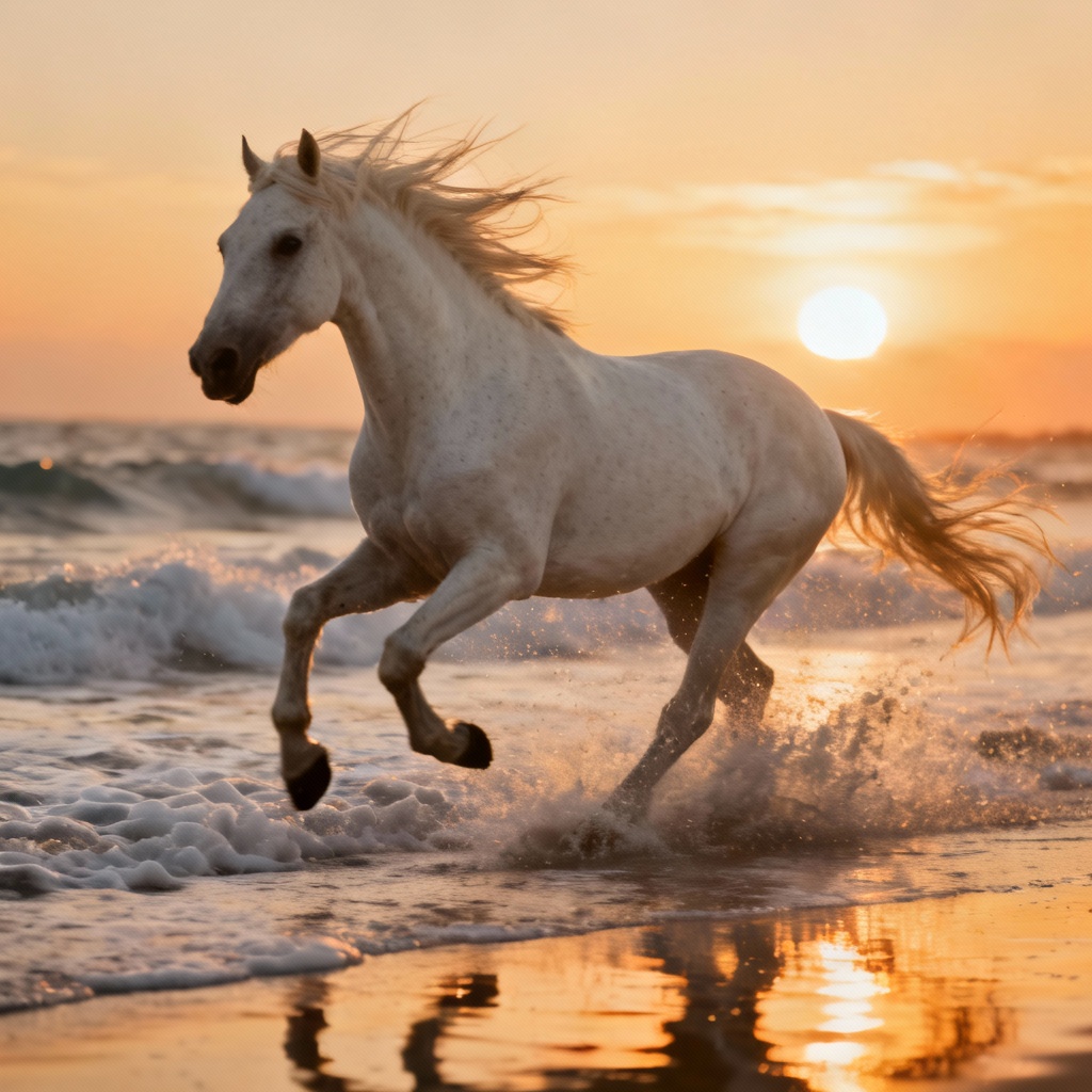 AI white horse galloping on beach at sunset
