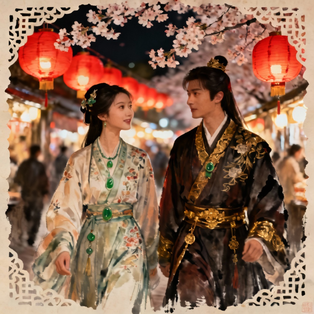 AI Chinese tradition Lantern Festival scene with hanfu couple and red lanterns