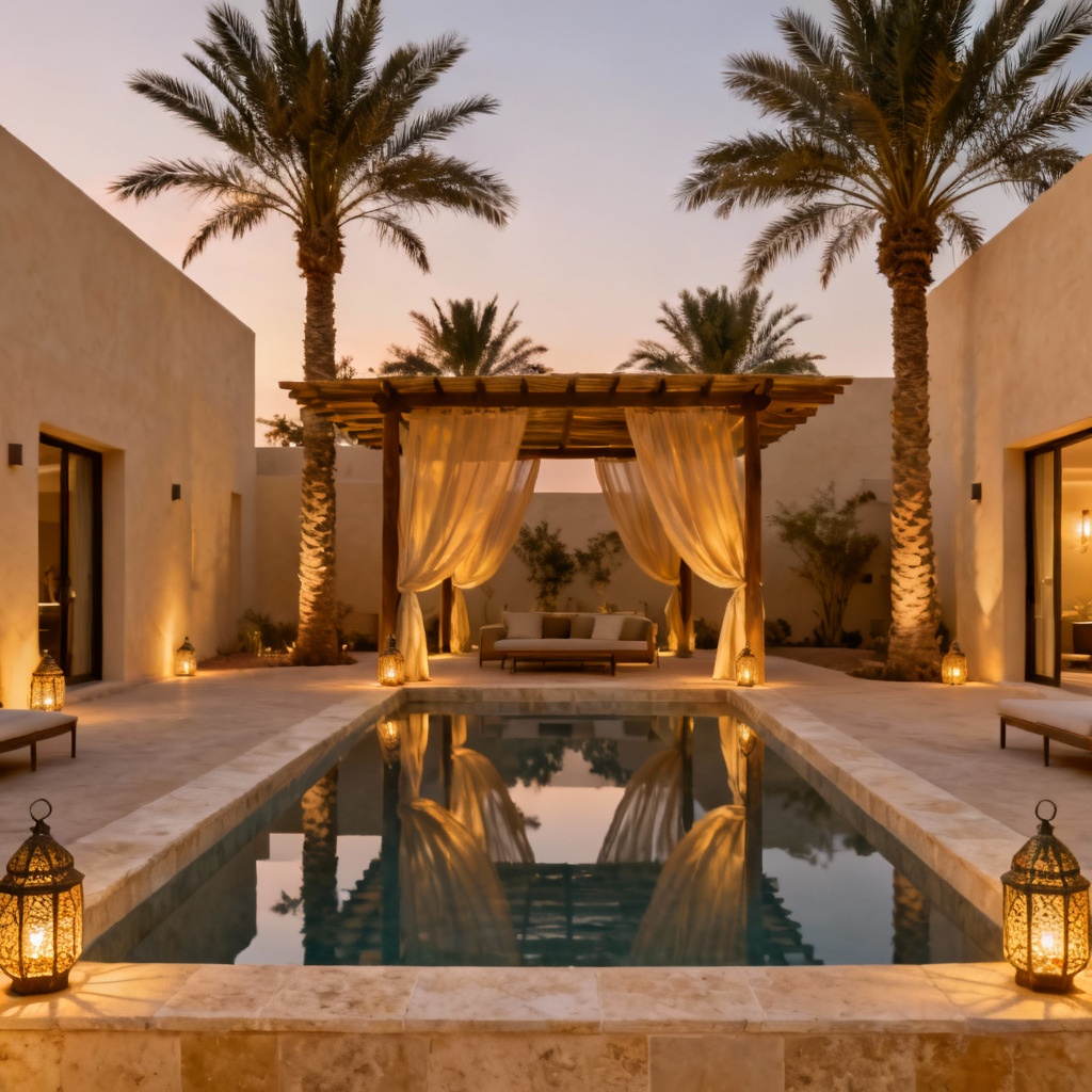 Desert villa oasis pool with palms and stucco walls