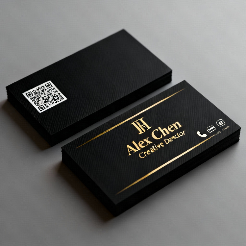 AI modern black and gold business card design with QR code