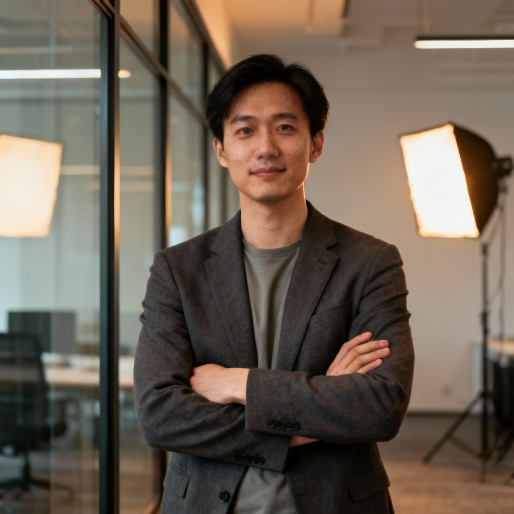 AI tech founder portrait in modern office