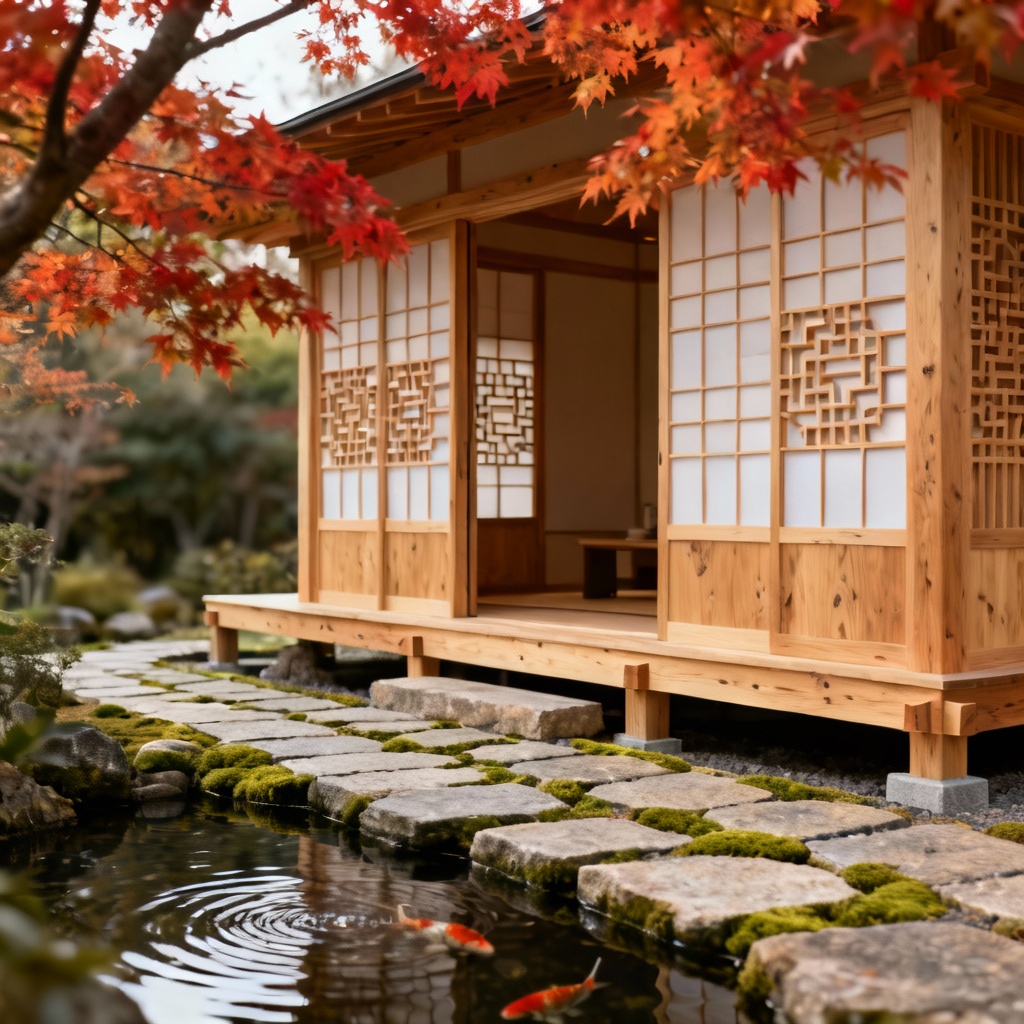 Japanese timber teahouse with shoji and garden
