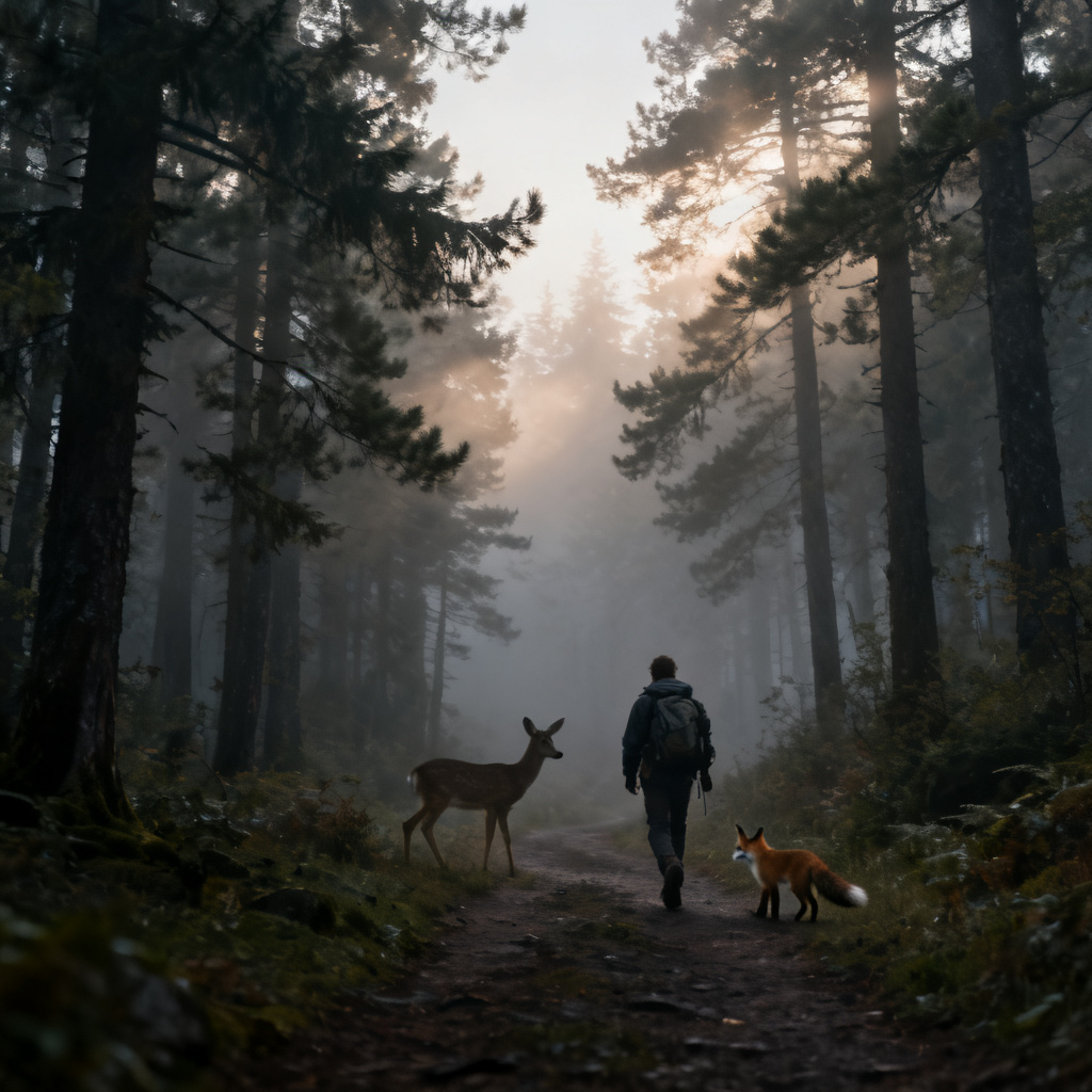 AI forest animal walking scene on a misty trail