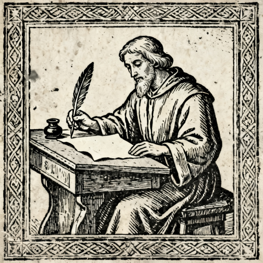 AI woodcut frontispiece of medieval scribe