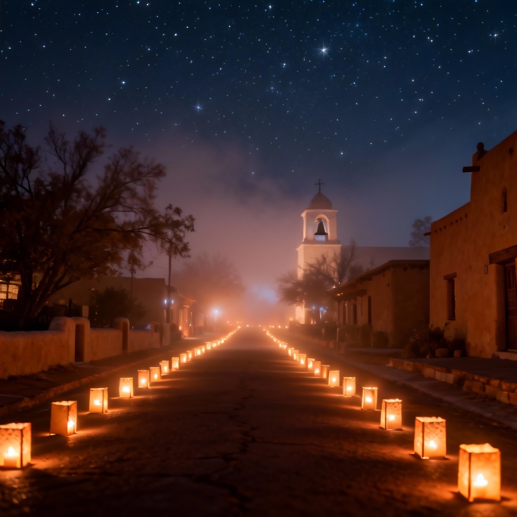 AI nightscape of luminarias outlining a Posadas procession route