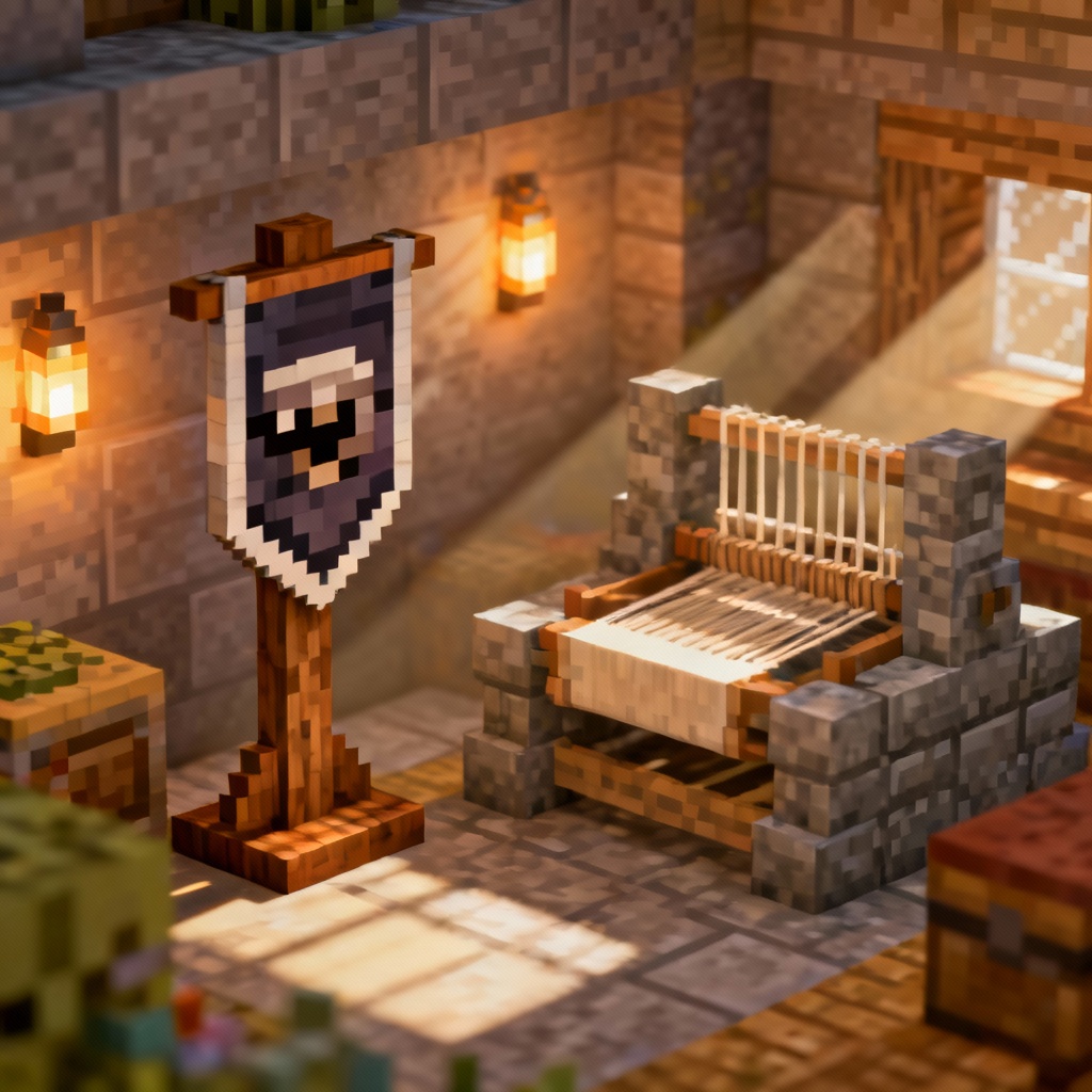 Minecraft-style banner displayed on a shield in a voxel medieval base