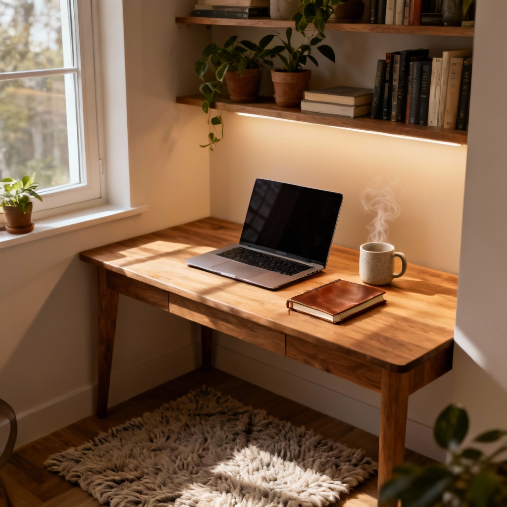 AI home office setup with warm lighting