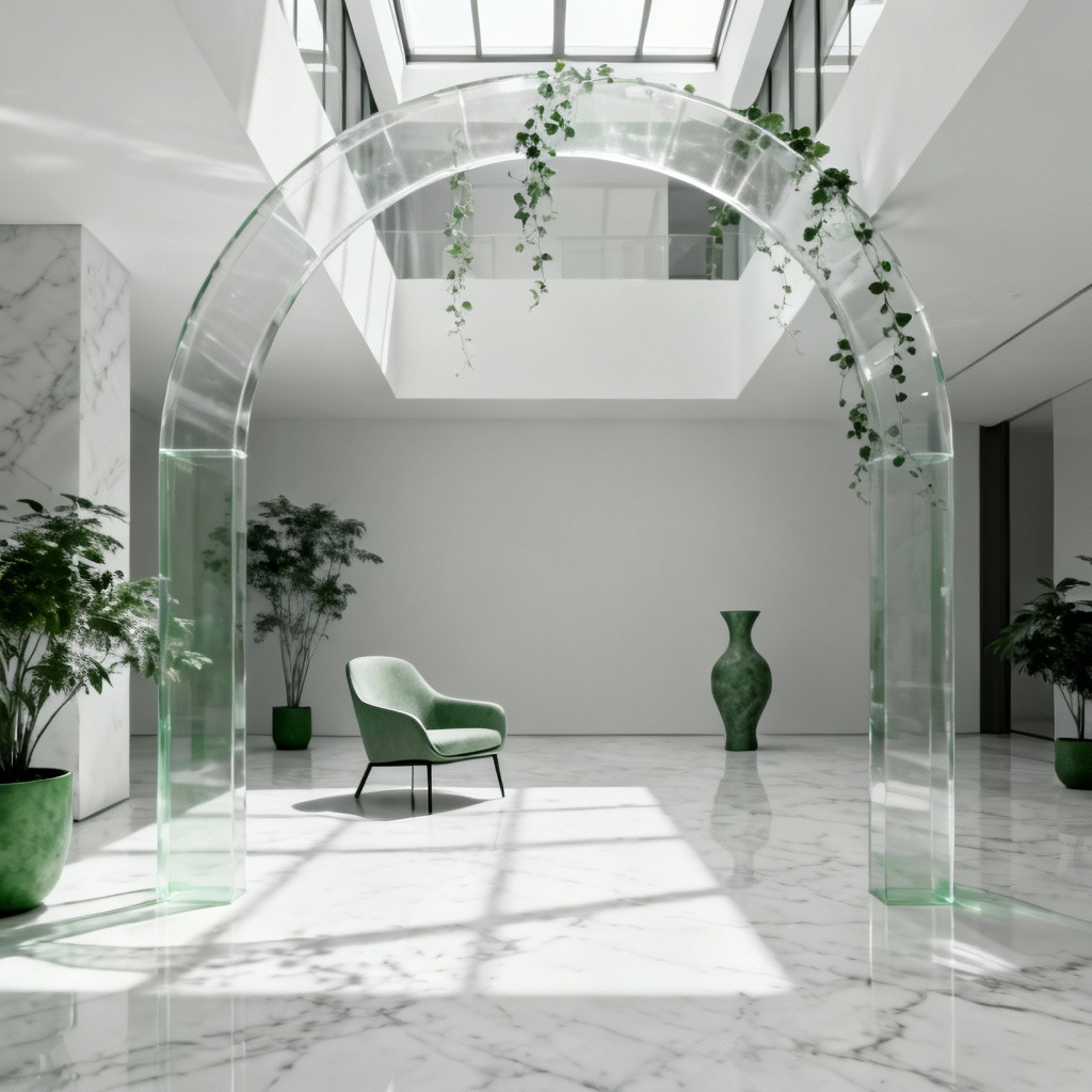 AI minimalist city hall ceremony with acrylic arch and greenery