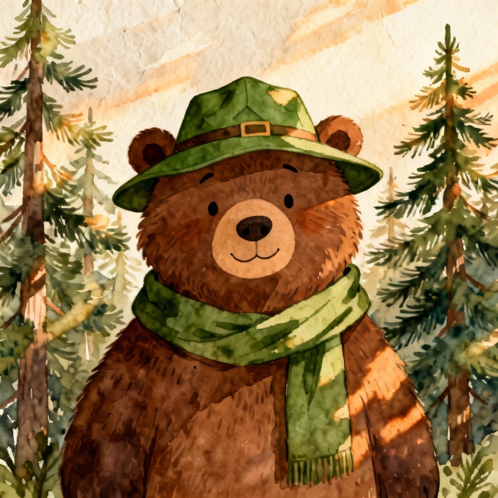 AI forest ranger brown bear storybook illustration