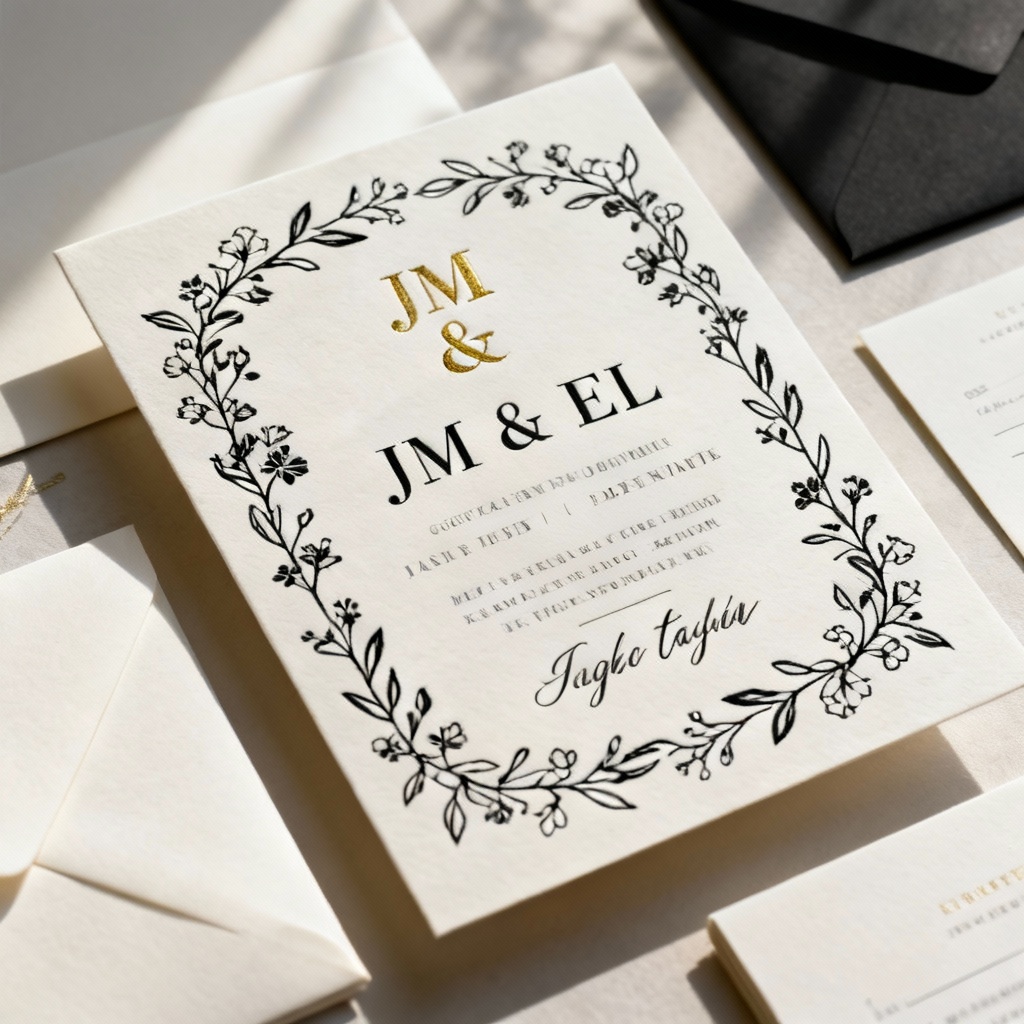 AI modern wedding invitation suite with floral line art
