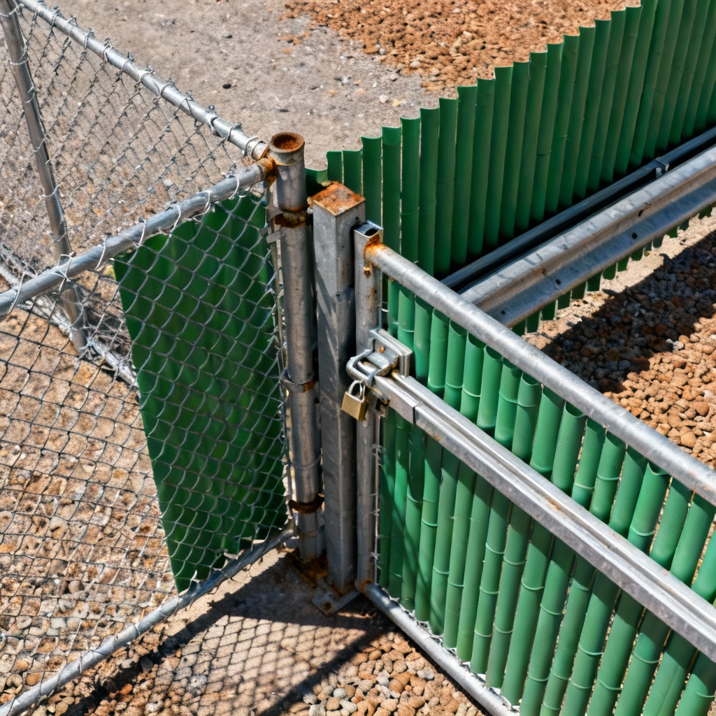 Chain-link fence with green privacy slats around a commercial lot