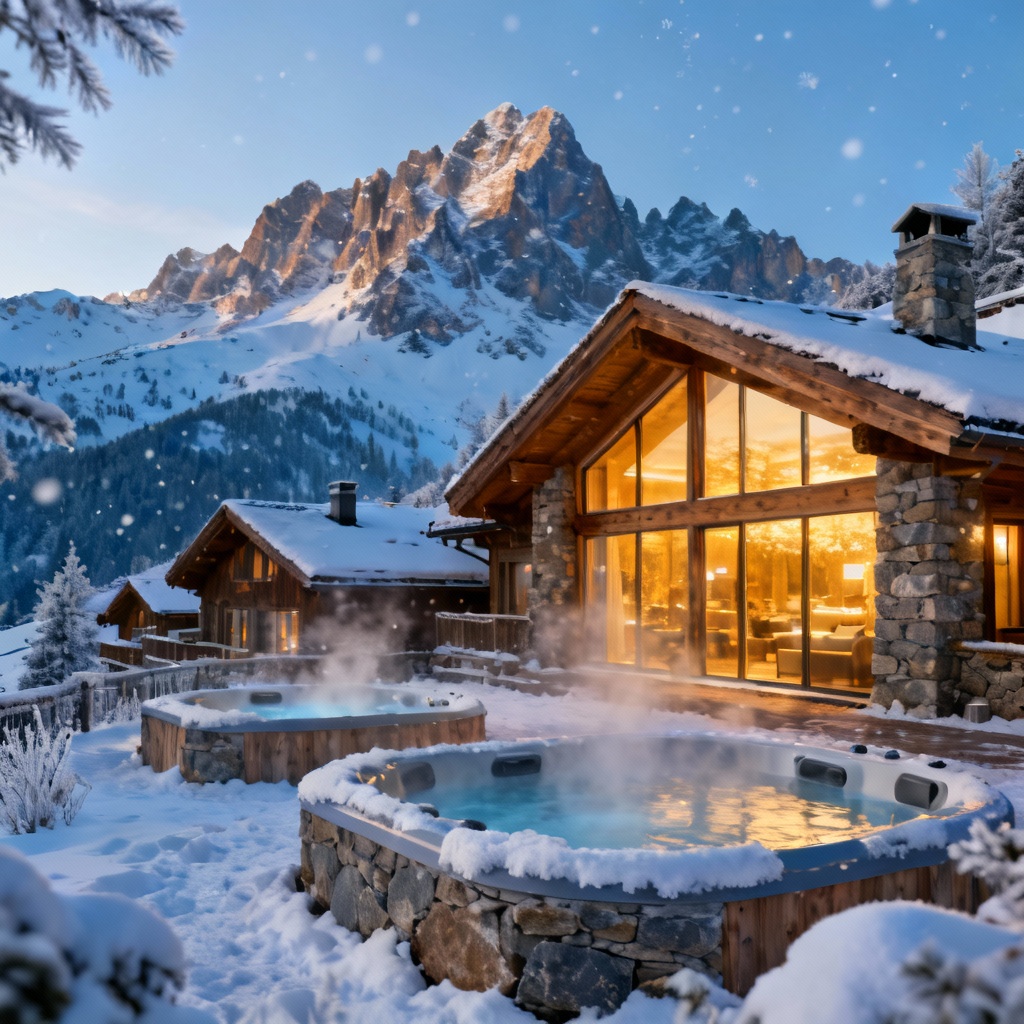 AI alpine ski resort lodge with snowy peaks and warm lights