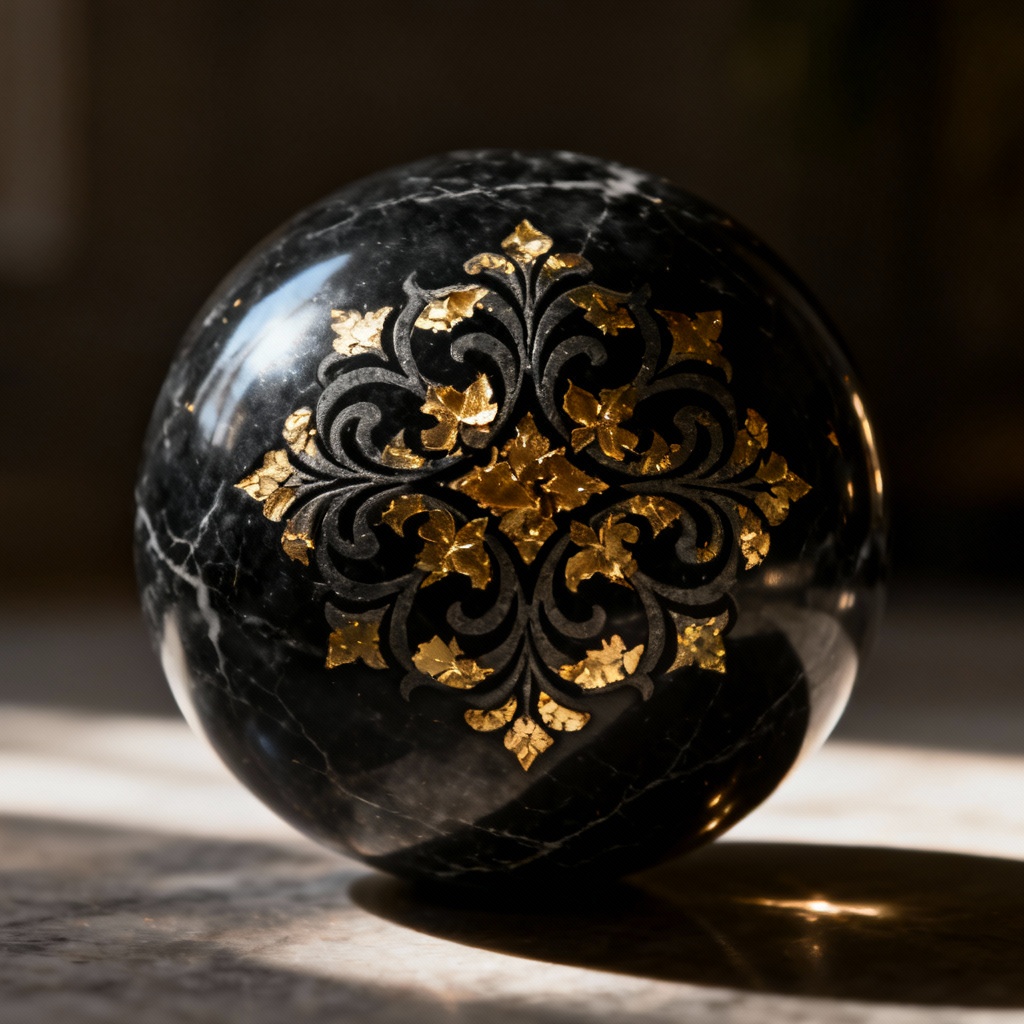 AI black marble engraved ornate sphere with gold inlay
