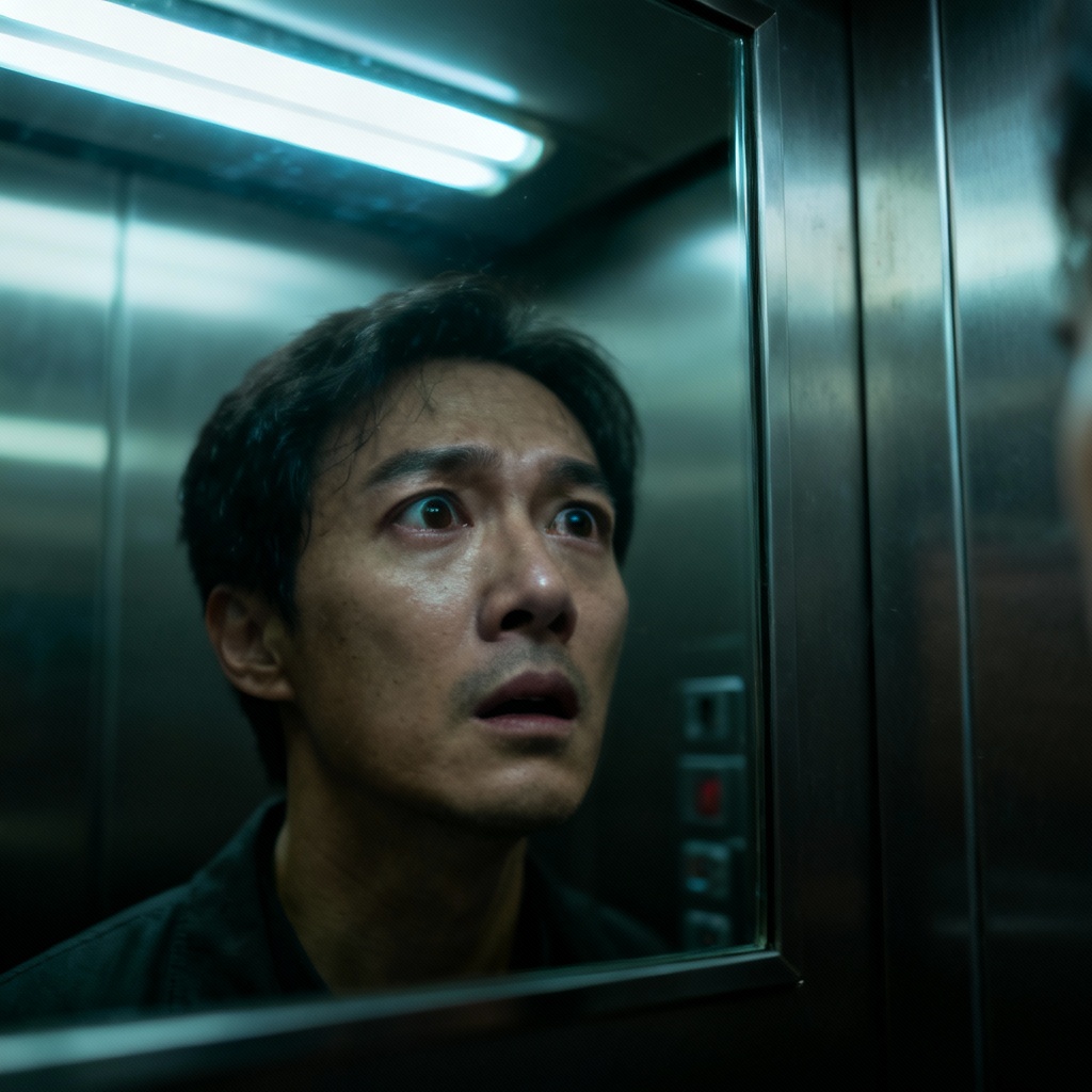 AI tense elevator scene with anxious reflection