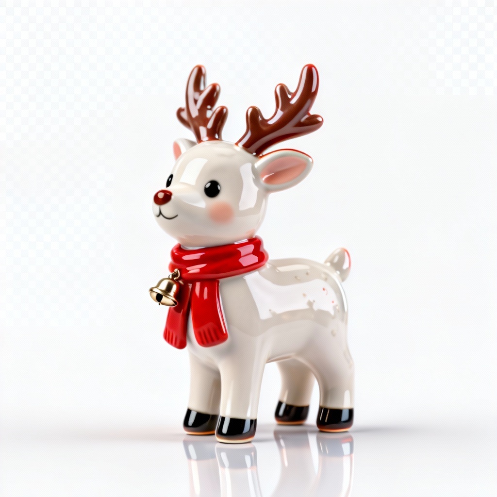 3D toy reindeer ornament with scarf on white background