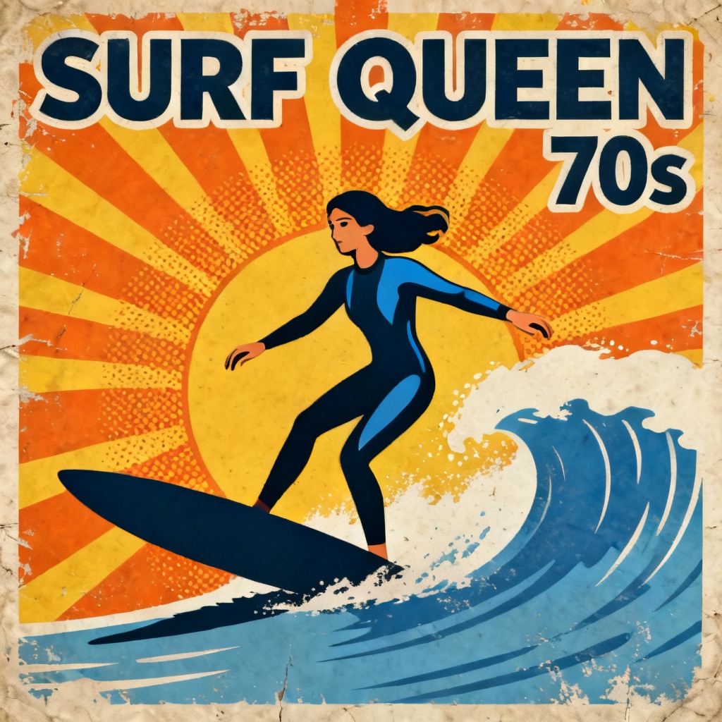 Retro surf poster featuring a surfer girl and bold typography