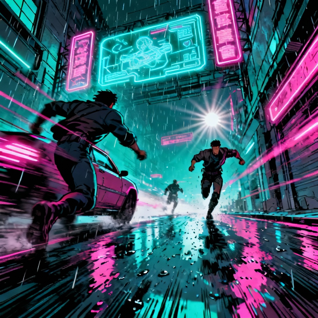 AI manhwa cyberpunk alley chase in futuristic Seoul