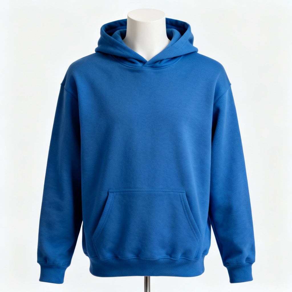 AI blue hoodie ecommerce product photo on white