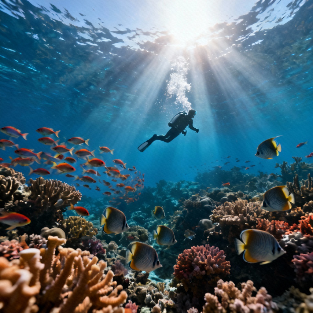 AI coral reef drift dive with sunbeams and fish