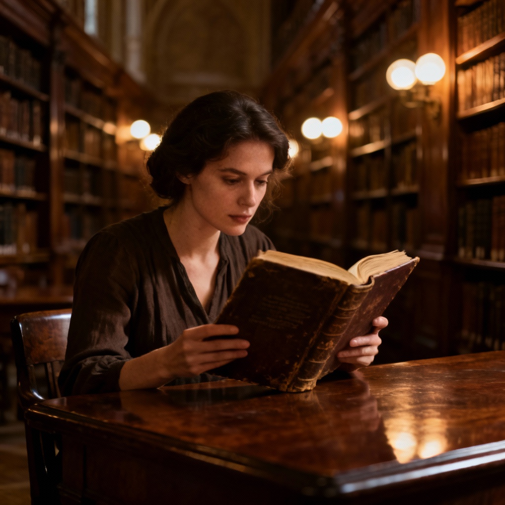Librarian style woman reading at a wooden table