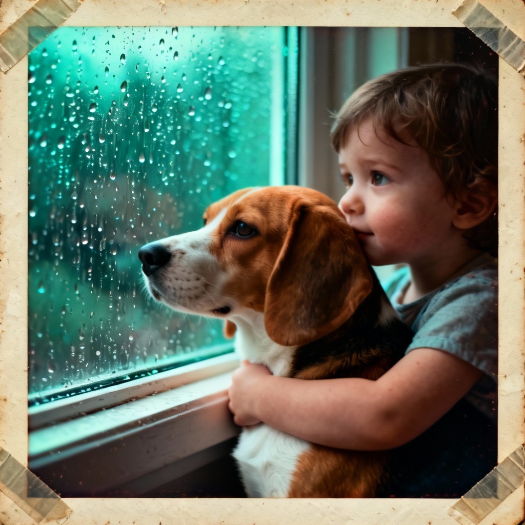 Polaroid of a toddler hugging a beagle by a rainy window
